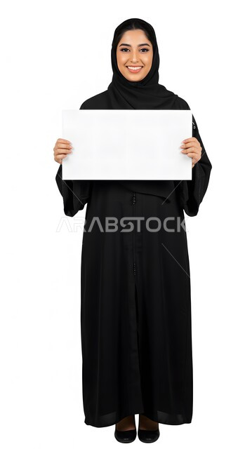 Marketing presentation and advertisement, white square mockup, using educational illustration, portrait of smiling Saudi Arabian Gulf woman wearing black abaya wearing veil holding blank white square board looking at camera with gestures of pleasure, full body image, white background