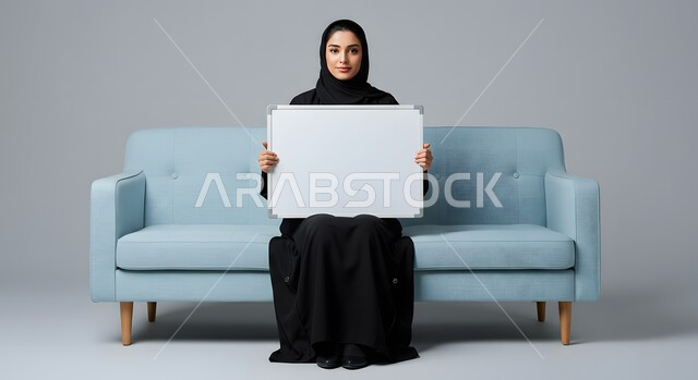 موك اب مربع أبيض، استخدام وسيلة توضيحية تعليمية، عرض وإعلان تسويقي، بورتريه لسيدة عربية خليجية سعودية مبتسمة محجبة ترتدي العباءة السوداء تمسك بيدها لوحه بيضاء مربعه فارغة تجلس على كنبة مريحة تنظر إلى الكاميرا بإيماءات السرور، خلفية بيضاء