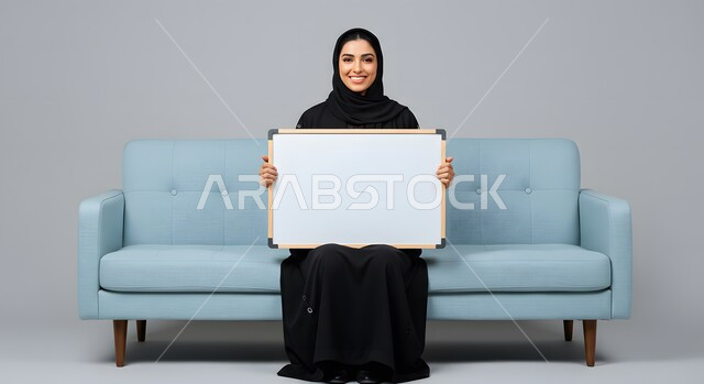Use educational illustration, white square mockup, marketing presentation and advertisement, portrait of a smiling Saudi Arabian Gulf woman wearing a black abaya, holding a blank square white board in her hand, sitting on a comfortable sofa, looking at the camera with gestures of pleasure, white background
