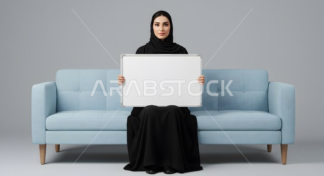 عرض وإعلان تسويقي، موك اب مربع أبيض، استخدام وسيلة توضيحية تعليمية، بورتريه لسيدة عربية خليجية سعودية محجبة ترتدي العباءة السوداء تمسك بيدها لوحه بيضاء مربعه فارغة تجلس على كنبة مريحة تنظر إلى الكاميرا بإيماءات الثقة بالنفس، خلفية بيضاء