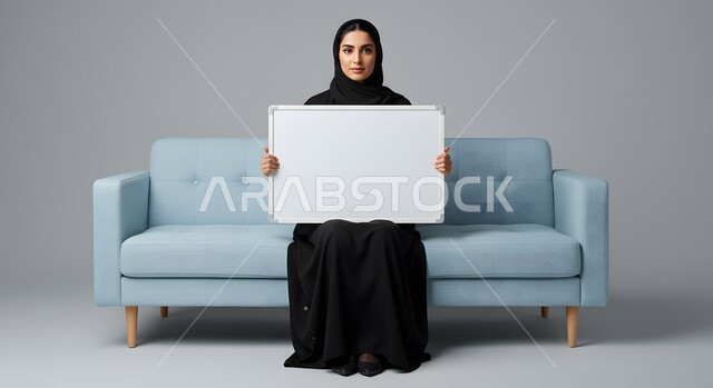 استخدام وسيلة توضيحية تعليمية، عرض وإعلان تسويقي، موك اب مربع أبيض، بورتريه لسيدة عربية خليجية سعودية محجبة ترتدي العباءة السوداء تمسك بيدها لوحه بيضاء مربعه فارغة تجلس على كنبة مريحة تنظر إلى الكاميرا بإيماءات الثقة بالنفس، خلفية بيضاء