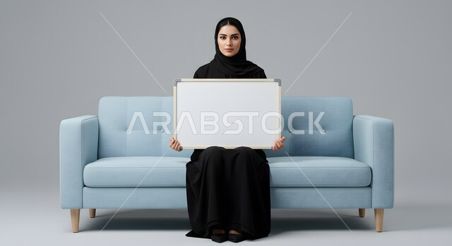 استخدام وسيلة توضيحية تعليمية، عرض وإعلان تسويقي، موك اب مربع أبيض، بورتريه لسيدة عربية خليجية سعودية محجبة ترتدي العباءة السوداء تمسك بيدها لوحه بيضاء مربعه فارغة تجلس على كنبة مريحة تنظر إلى الكاميرا بإيماءات الثقة بالنفس، خلفية بيضاء