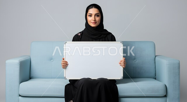 عرض وإعلان تسويقي، موك اب مربع أبيض، استخدام وسيلة توضيحية تعليمية، بورتريه لسيدة عربية خليجية سعودية محجبة ترتدي العباءة السوداء تمسك بيدها لوحه بيضاء مربعه فارغة تجلس على كنبة مريحة تنظر إلى الكاميرا بإيماءات الثقة بالنفس، خلفية بيضاء