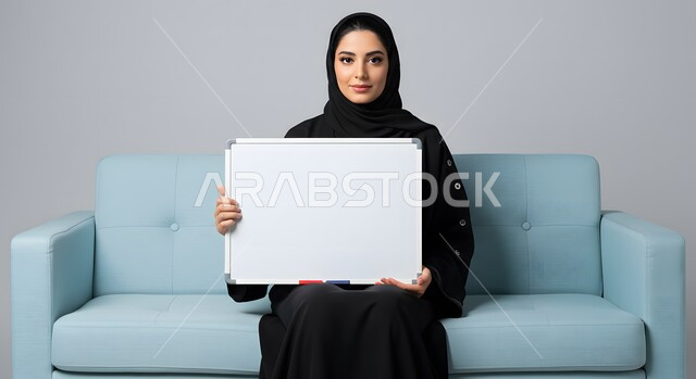موك اب مربع أبيض، استخدام وسيلة توضيحية تعليمية، عرض وإعلان تسويقي، بورتريه لسيدة عربية خليجية سعودية محجبة ترتدي العباءة السوداء تمسك بيدها لوحه بيضاء مربعه فارغة تجلس على كنبة مريحة تنظر إلى الكاميرا بإيماءات الثقة بالنفس، خلفية بيضاء