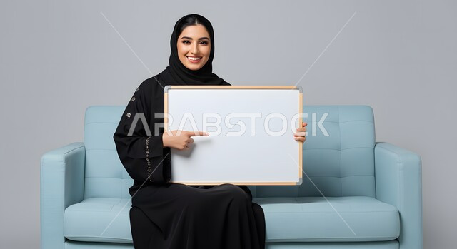 White square mockup, using educational illustration, close-up portrait of a veiled Saudi Arabian Gulf woman wearing a black abaya holding a blank white square board in her hand pointing at it with her index finger sitting on a comfortable sofa looking at the camera with confident gestures, white background