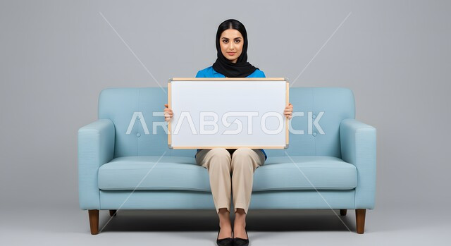 عرض واعلان تسويقي، موك اب مربع أبيض، استخدام وسيلة توضيحية تعليمية، بورتريه لسيدة عربية خليجية سعودية محجبة ترتدي الزي الكاجوال تمسك بيدها لوحه بيضاء مربعه فارغة تجلس على كنبة مريحة تنظر إلى الكاميرا بإيماءات الثقة بالنفس، خلفية بيضاء