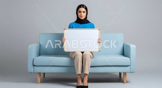 استخدام وسيلة توضيحية تعليمية، موك اب مربع أبيض، بورتريه لسيدة عربية خليجية سعودية محجبة ترتدي الزي الكاجوال تمسك بيدها لوحه بيضاء مربعه فارغة تجلس على كنبة مريحة تنظر إلى الكاميرا بإيماءات الثقة بالنفس، عرض واعلان تسويقي، خلفية بيضاء