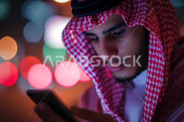 إيماءات الاندماج والتركيز, التسوق الالكتروني وتصفح برنامج وتطبيق في الجوال، صورة مقربة لرجل عربي خليجي سعودي يرتدي الثوب التقليدي والشماغ يحمل بيده الهاتف المحمول، الدردشة مع الأهل والأصدقاء, خلفية ضبابيه