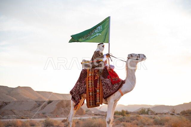 Wearing the traditional costume on the founding day of the first Saudi state 1727 AD, the day we started on February 22, pride and honor in belonging to the homeland, the association of camels with Saudi heritage, celebrating a national holiday and occasion, a Saudi Gulf Arab man wearing a bisht and a ghutra riding a camel in the desert and carrying the flag of the Kingdom