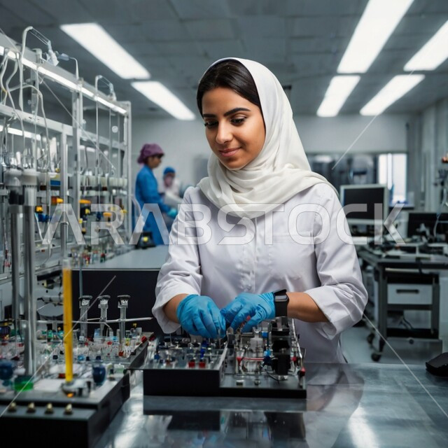 مختبر للابتكار التكنولوجي المستقبلي، تطور التقنية الحديثة في المملكة, عالمة عربية خليجية سعودية محجبة مبتسمة ترتدي المعطف الأبيض تعمل في مجال التطوير الالكتروني و برمجة الروبوت الذكي، تقدم مركز البحث العلمي في السعودية