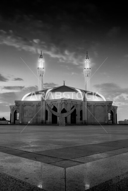 Aesthetic black and white picture of Hassan Anani Mosque in Jeddah, the splendor of the landscape and architecture on the Jeddah Corniche, tourist attractions in the Kingdom of Saudi Arabia