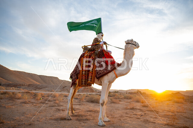راية الإسلام والتوحيد, ارتداء الزي الشعبي التقليدي في مناسبة وطنية, مفهوم حب الوطن والانتماء اليه, يوم بدينا 22 فبراير, ذكرى تأسيس الدولة السعودية الأولى 1727م, رجل عربي خليجي سعودي يرتدي البشت والغترة يمتطي الجمل في الصحراء ويحمل علم المملكة بوقت غروب الشمس