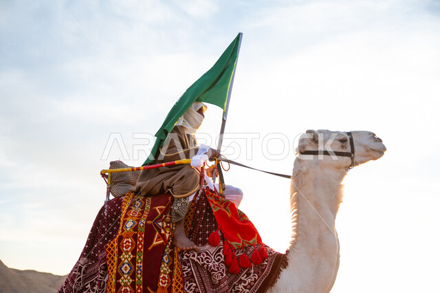 Banner of Islam and Monotheism, Flag Day March 11, Anniversary of the founding of the first Saudi state in 1727 AD, Our Beginning Day February 22, Wearing traditional dress on the national occasion, Close-up of a Saudi Gulf Arab man wearing a bisht and ghutra riding a camel in the desert and carrying the Kingdom’s flag
