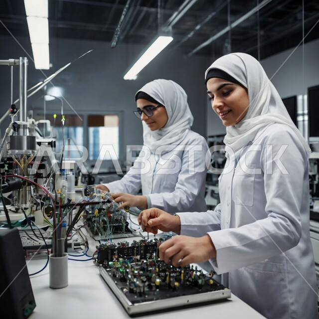 تطور التقنية الحديثة في المملكة, مختبر للابتكار التكنولوجي المستقبلي، عالمتان عربيتان خليجيتان سعوديتان محجبتان مبتسمتان ترتديان المعطف الأبيض تعملان في مجال التطوير الالكتروني و برمجة الروبوت الذكي، تقدم مركز البحث العلمي في السعودية