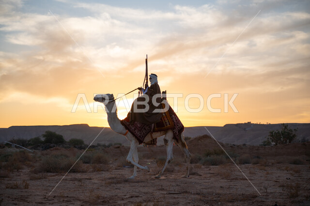 ذكرى تأسيس الدولة السعودية الأولى 1727م, يوم بدينا 22 فبراير, ارتداء الزي الشعبي التقليدي في مناسبة وطنية, رجل عربي خليجي سعودي يرتدي البشت والغترة يمتطي الجمل في الصحراء ويحمل السهم والقوس بيديه, استخدام أدوات الصيد التراثية
