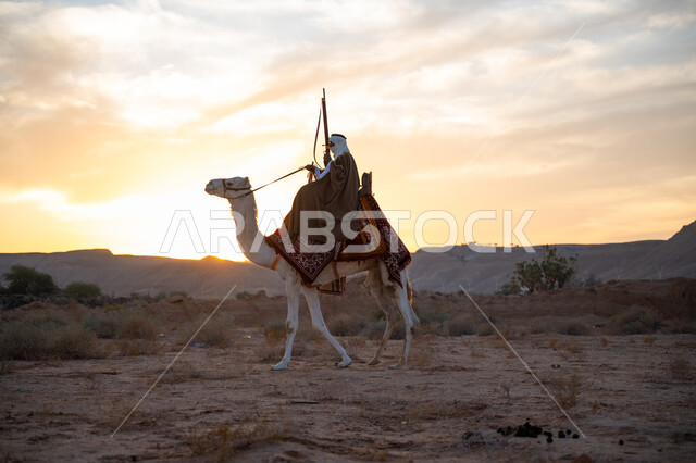يوم بدينا 22 فبراير, ذكرى تأسيس الدولة السعودية الأولى 1727م, ارتداء الزي الشعبي التقليدي في مناسبة وطنية, رجل عربي خليجي سعودي يرتدي البشت والغترة يمتطي الجمل في الصحراء ويحمل السهم والقوس بيديه, استخدام أدوات الصيد التراثية
