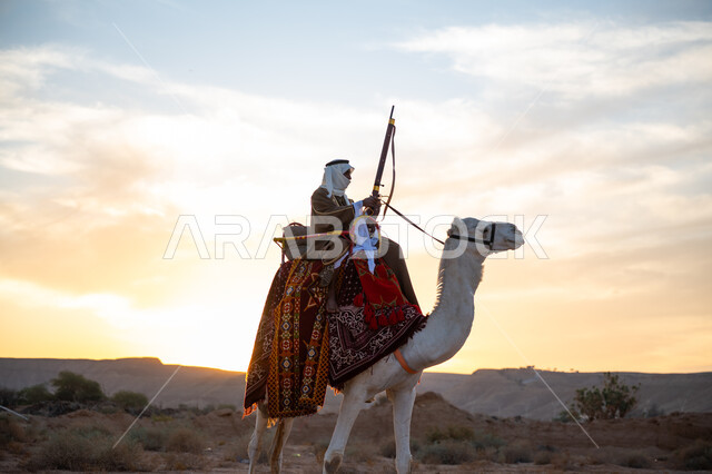 The day we started is February 22, the anniversary of the founding of the first Saudi state in 1727 AD, wearing traditional folk costume on a national occasion, a Saudi Gulf Arab man wearing a bisht and a ghutra riding a camel in the desert and carrying an arrow and a bow in his hands, using traditional hunting tools