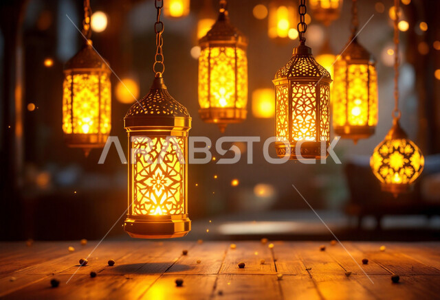 مصباح عربي تقليدي، زينة واكسسوار شهر الخير، الأجواء الرمضانية الروحانية في المملكة العربية السعودية، مجموعة فوانيس معدنية مزخرفة معلقة مضيئة، الاحتفال بالمناسبات الدينية الإسلامية, البهجة بقدوم رمضان المبارك 