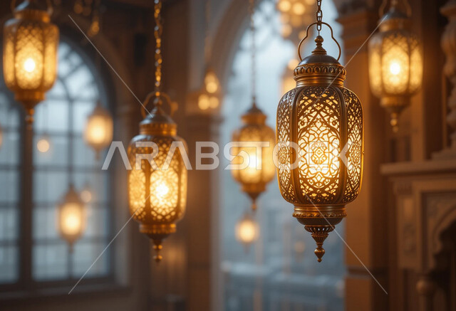 البهجة بقدوم رمضان المبارك, الأجواء الرمضانية الروحانية في المملكة العربية السعودية، مجموعة فوانيس معدنية مزخرفة معلقة مضيئة، مصباح عربي تقليدي، الاحتفال بالمناسبات الدينية الإسلامية, زينة واكسسوار شهر الخير