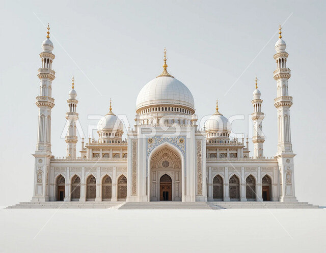Exterior decoration of a mosque in Saudi Arabia, the concept of worship and closeness to God, the distinctive design of domes and minarets, the call of Muslims to perform the obligatory prayer on time, the architectural engineering art of building mosques in the Arab-Islamic style