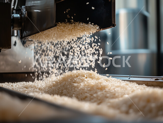Food factories and plants in the Kingdom of Saudi Arabia, processing and cleaning rice grains from dirt and husks, a local Saudi agricultural and industrial crop rich in starches, quality of national production, a close-up image of rice grains falling, reliance on automation in the factory