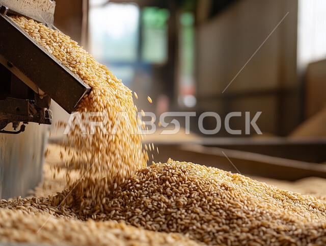 معالجة وتنظيف حبوب الأرز من الأوساخ والقشور، محصول زراعي وصناعي محلي سعودي غني بالنشويات، جودة الانتاج الوطني, صورة مقربة لتساقط حبات الرز، مصانع ومعامل الأغذية في المملكة العربية السعودية, الاعتماد على التشغيل الآلي في المعمل