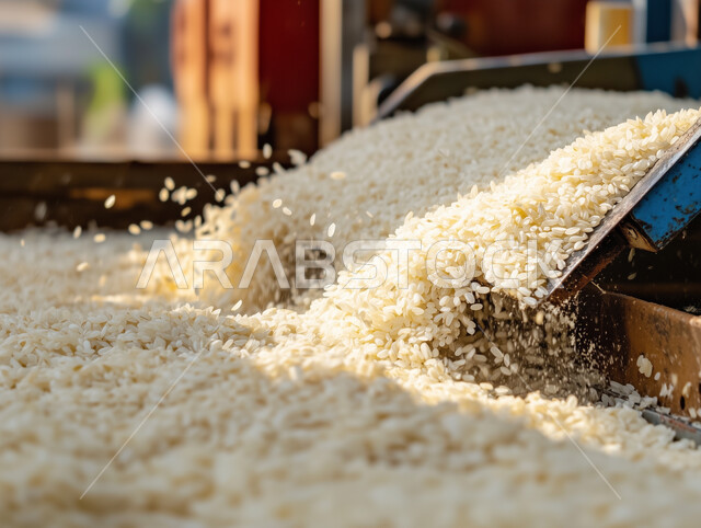 Saudi local agricultural and industrial crop rich in starch, processing and cleaning rice grains from dirt and husks, quality of national production, close-up image of falling rice grains, food factories and plants in the Kingdom of Saudi Arabia, reliance on automation in the laboratory