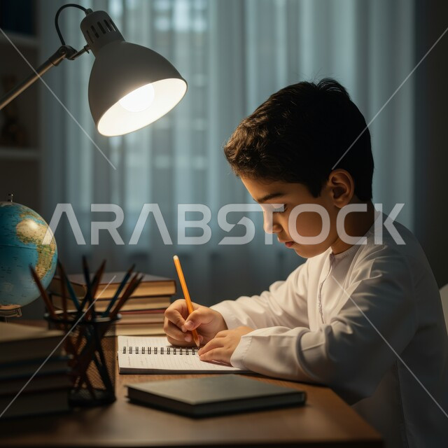 الجد والإجتهاد في الدراسة والمذاكرة من أجل التفوق, متابعة المناهج الدراسية بمثابرة وعزيمة, صورة مقربة من الجانب لفتى عربي خليجي سعودي يرتدي الثوب التقليدي يجلس خلف الطاولة يقوم بالمراجعة والتحضير للامتحان, مفهوم العودة الى المدارس