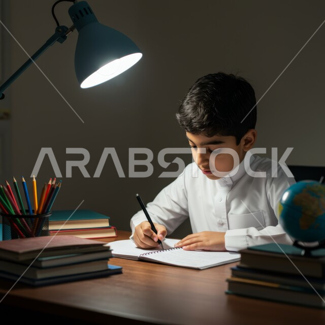 متابعة المناهج الدراسية بمثابرة وعزيمة, الجد والإجتهاد في الدراسة والمذاكرة من أجل التفوق, صورة مقربة لفتى عربي خليجي سعودي يرتدي الثوب التقليدي يجلس خلف الطاولة يقوم بالمراجعة والتحضير للامتحان, مفهوم العودة الى المدارس