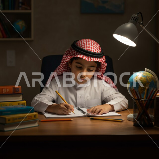 مفهوم العودة الى المدارس، متابعة المناهج الدراسية بمثابرة وعزيمة, الجد والإجتهاد في الدراسة والمذاكرة من أجل التفوق, صورة مقربة لفتى عربي خليجي سعودي يرتدي الشماغ و الثوب التقليدي يجلس خلف الطاولة يقوم بالمراجعة والتحضير للامتحان