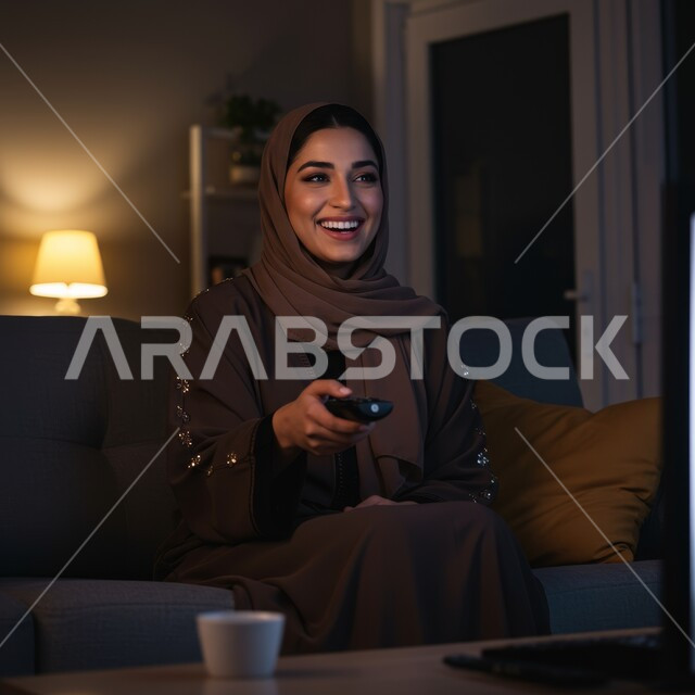 قضاء وقت ممتع بالتسليه والترفيه, إمرأه عربيه خليجيه محجبة ترتدي العباءة تجلس على الأريكه تمسك بيدها جهاز التحكم تقوم بمشاهدة التلفاز بإيماءات الفرح والسرور, متابعة فيلم ومسلسل مضحك