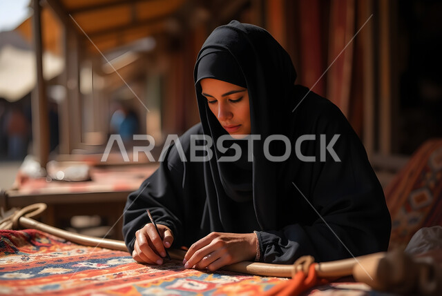 حرفة يدوية قديمة، حياكة وغزل السجاد يدوياً، ذكرى تأسيس الدولة السعودية الأولى في 1727م، صورة مقربة لسيدة عربية خليجية محجبة ترتدي العباءة تقوم بنسج خيوط السجادة، منتج وصناعة تقليدية شعبية، الفن التراثي الحرفي التقليدي، يوم بدينا 22 فبراير