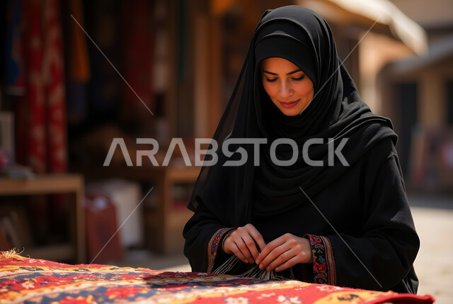حياكة وغزل السجاد يدوياً، ذكرى تأسيس الدولة السعودية الأولى في 1727م، حرفة يدوية قديمة، صورة مقربة لسيدة عربية خليجية محجبة ترتدي العباءة تقوم بنسج خيوط السجادة، منتج وصناعة تقليدية شعبية، الفن التراثي الحرفي التقليدي، يوم بدينا 22 فبراير