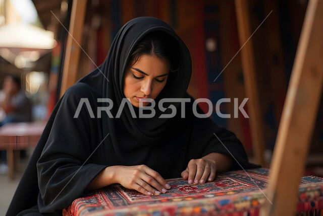 Anniversary of the founding of the first Saudi state in 1727 AD, hand-weaving and spinning carpets, an ancient handicraft, a close-up photo of a veiled Gulf Arab woman wearing an abaya weaving carpet threads, a popular traditional product and industry, traditional handicraft heritage art, the day we started, February 22