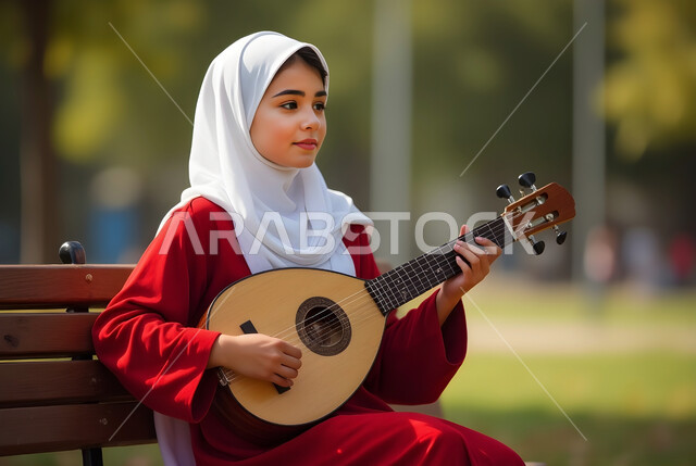 موهبة فنية متميزة، النظر الى شيء ما بإيماءات السرور، صورة مقربة لفتاة عربية خليجية محجبة تجلس في مكان عام تعزف على آلة العود، الاستمتاع بالعزف على الآلات الموسيقية، جلسة وناسة وطرب، ممارسة الفن الشعبي