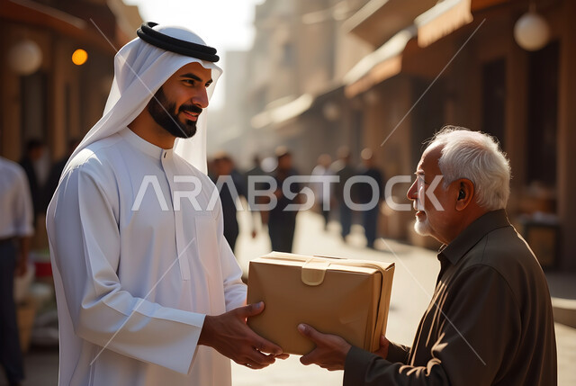 جمعية خيرية ومبادرة انسانية ، صورة مقربة لمتطوع عربي خليجي مبتسم يرتدي الغترة والثوب التقليدي يقوم بتقديم كرتونة اعانة لرجل محتاج كبير السن، التبرع والعطاء والعمل الخيري، توزيع الطعام للمحتاجين والفقراء