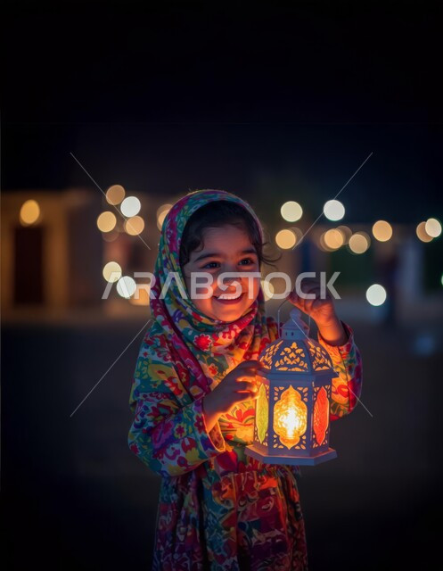 مناسبة وعيد ديني اسلامي, صورة مقربة لبنت عربية خليجية مبتسمة محجبة تحمل بيدها فانوس معدني مضيء، الاستعداد لاستقبال شهر الخير، البهجة بقدوم رمضان المبارك، تعابير الفرح والسرور والسعادة، ديكور وزينة وأجواء روحانية رمضانية