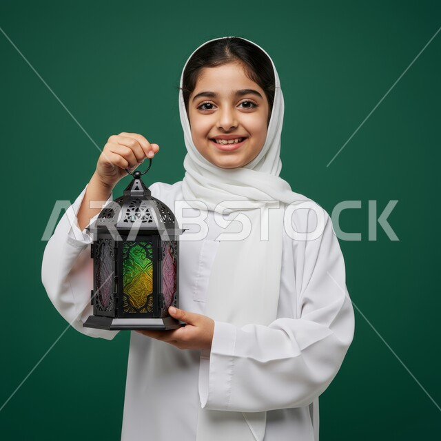 البهجة بقدوم رمضان المبارك، ديكور وأجواء روحانية رمضانية، مناسبة وعيد اسلامي, بورتريه مقرب لبنت عربية خليجية مبتسمة  محجبة ترتدي العباءة البيضاء تحمل بيدها فانوس معدني مضيء، الاستعداد لاستقبال شهر الخير، النظر الى الكاميرا بإيماءات الفرح والسرور، خلفية خضراء