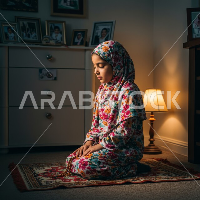 التقرب الى الله في شهر رمضان المبارك، الإجتهاد في العبادة والحفاظ على الصلاة، صورة مقربة لفتاة عربية خليجية محجبة تجلس على السجادة تقوم بآداء صلاتها، الالتزام بأداء الفرض على وقته, تعابير الخشوع والتضرع