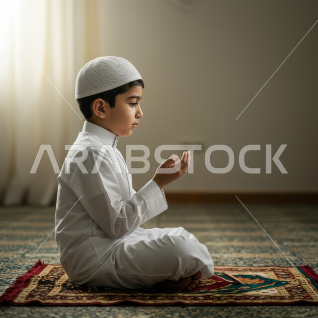التقرب الى الله في شهر رمضان المبارك، الالتزام بأداء الفرض على وقته، تعابير الخشوع والتضرع، الإجتهاد في العبادة والحفاظ على الصلاة، صورة مقربة لولد عربي خليجي يرتدي الثوب التقليدي والقبعة البيضاء يجلس على السجادة يرفع يديه للاعلى بإيماءات الدعاء والتوسل لرب العالمين