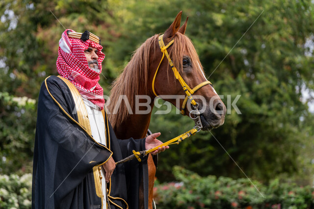  يوم بدينا 22 فبراير, رعاية الخيل والاهتمام به، ذكرى تأسيس الدولة السعودية الأولى في 1727م, النظر الى شيء ما بتعابير الفخر, توراث حب وتربية الجياد من الأجداد, الزي الشعبي في المناسبة الوطنية، رجل عربي خليجي سعودي يرتدي البشت و الشماغ يقف بجانب فرسه البني الأصيل