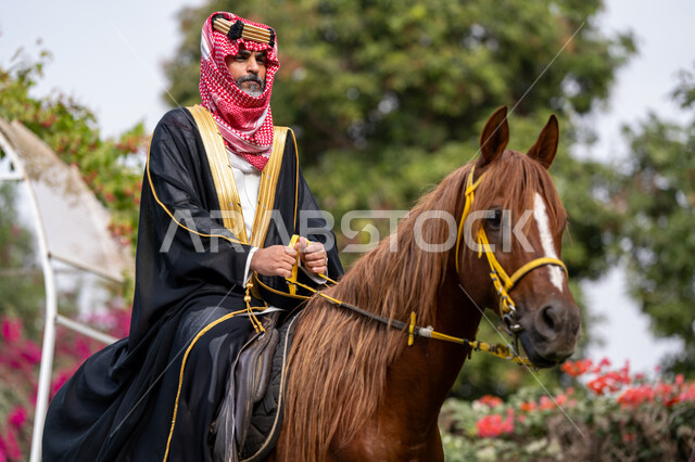 Inheriting the love and breeding of horses from our ancestors, caring for and caring for horses, traditional dress on the national occasion, the anniversary of the founding of the first Saudi state in 1727 AD, a Saudi Gulf Arab man wearing a bisht and a shemagh riding his purebred brown horse, the day we started, February 22