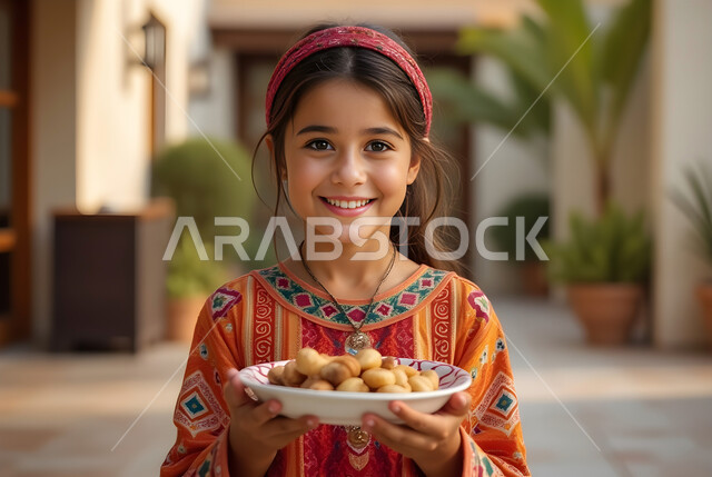حسن الاستقبال والضيافة, ارتداء زي جديد في العيد السعيد, صورة مقربة لفتاة عربية خليجية سعودية مبتسمة ترتدي فستان مزخرف وتحمل بيدها طبق من الحلو, الاحتفال في المناسبات والأعياد الاسلامية