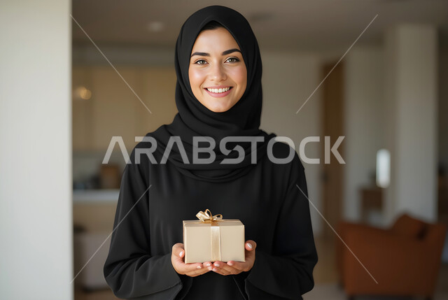 فرحة الحصول على هدية، النظر الى الكاميرا بإيماءات السرور، صورة مقربة لامرأة عربية سعودية خليجية محجبة مبتسمة ترتدي عباءة تحمل بيديها علبة مغلفة, تقديم الهدايا في مناسبة العيد السعيد