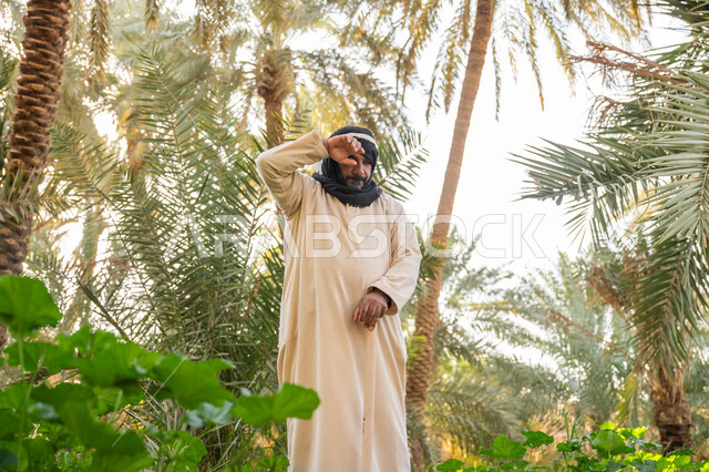 مهنة وحرفة شعبية تراثية, تشجير وزراعة الأراضي السعودية, إحياء ذكرى تأسيس الدولة السعودية الأولى 1727 م, يوم بدينا 22 فبراير, فلاح عربي خليجي سعودي يرتدي الزي التقليدي يقوم بمسح جبهته بيده, توارث مهنة الفلاحة, مزرعة أشجار النخيل في المملكة