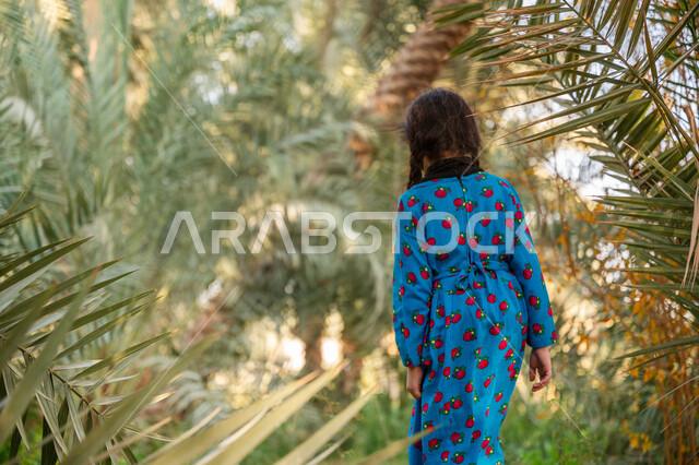 محمية طبيعية لزراعة أشجار النخيل, إحياء ذكرى يوم التأسيس السعودي 1727 م, يوم بدينا 22 فبراير, صورة من الخلف لفتاة عربية خليجية سعودية ترتدي زي يوم التأسيس تسير في مزرعة النخل بالمملكة, الأناقة والاهتمام بالمظهر الخارجي