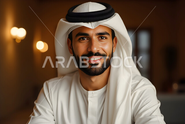 الاهتمام بالأناقة والمظهر الخارجي، مفهوم الوسامة والرجولة، صورة مقربة لرجل عربي خليجي سعودي مبتسم يرتدي الثوب التقليدي والغترة ينظر الى الكاميرا بإيماءات السرور والثقة في النفس، التقاط صور للوثائق الشخصية
