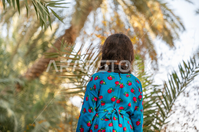 الأناقة والاهتمام بالمظهر الخارجي, محمية طبيعية لزراعة أشجار النخيل, إحياء ذكرى يوم التأسيس السعودي 1727 م, يوم بدينا 22 فبراير, صورة مقربة من الخلف لفتاة عربية خليجية سعودية ترتدي زي يوم التأسيس تقف في مزرعة النخل بالمملكة