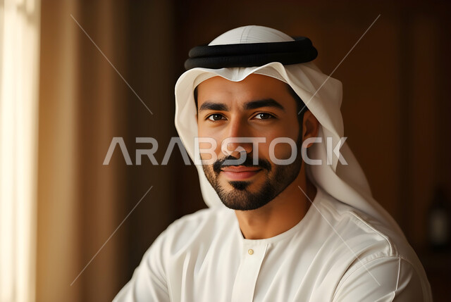 مفهوم الوسامة والرجولة، الاهتمام بالأناقة والمظهر الخارجي، صورة مقربة لرجل عربي خليجي سعودي مبتسم يرتدي الثوب التقليدي والغترة ينظر الى الكاميرا بإيماءات السرور والثقة في النفس، التقاط صور للوثائق الشخصية