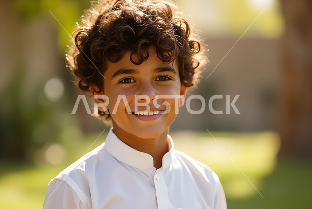 مفهوم الاهتمام بالأناقة والمظهر الخارجي للأولاد, ايماءات البشاشة والبراءة، صورة مقربة لولد عربي خليجي سعودي مبتسم يرتدي الثوب التقليدي الأبيض, التقاط الصور الشخصية للوثيقة رسمية